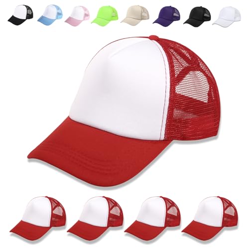 OKBA 5 Pack Sublimation Blank Baseball Cap Adjustable Hat Polyester Mesh Trucker Hats for Men and Women - color: 5pcs Red and White Hat