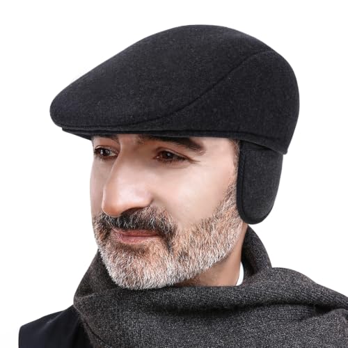 DOCILA Ivy Cap for Men Retractable Invisible Earflap Caps Warm Outdoor Ear Cover Wool Blend Beret Flat Newsboy Gatsby Hats - color: Earflap Style-grey