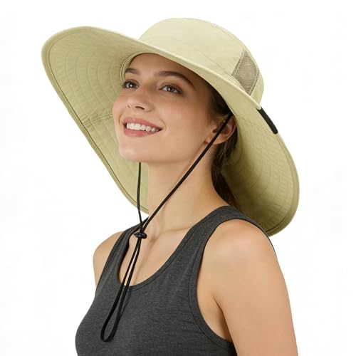 Tirrinia Sun Hats for Women, Wide Brim Hat with Ponytail Hole - color: Tan-22.44‘’head