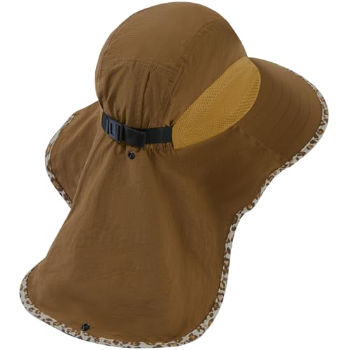 BASSDASH UPF 50+ Unisex Water Resistant Wide Brim Sun Hat with Large Neck Flap Ponytail Fishing Hat for Men Women - color: Caramel/Leopard