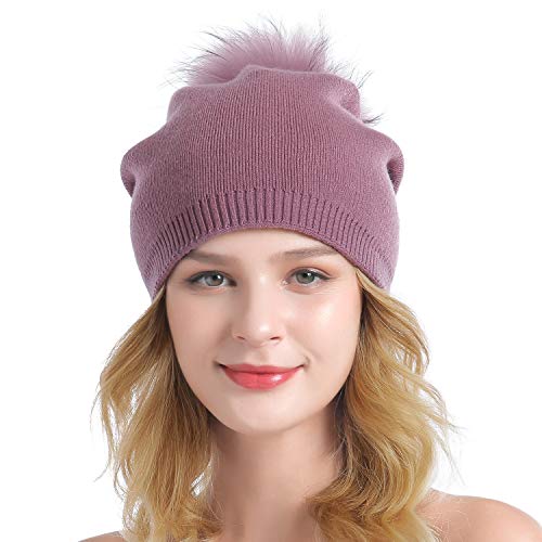 Women Knit Wool Beanie - Winter Fashion Solid Wool Hats Real Removable Raccoon Fur Pom Pom Warm Ski Beanie - color: 09- Cameo