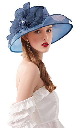 Organza Fascinator Hat - Women’s Wide Brim Church Bridal Tea Party Wedding Hat - color: 02a-darkblue