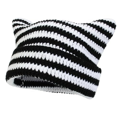 Women Beanie Warm Winter Hats, Soft Knit Lazy Beanie for Women, Women Cat Beanie，Women Fox hat, Slouchy Beanies for Women - color: Black White