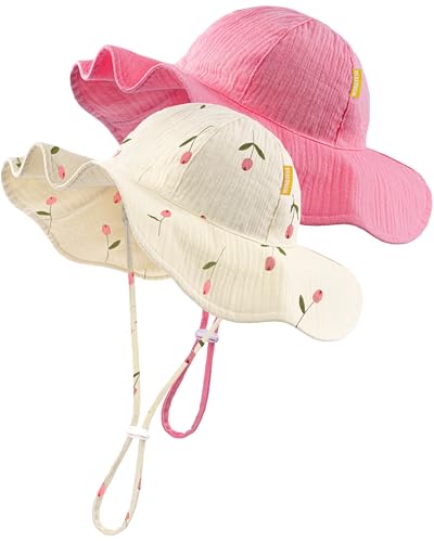 HONGTEYA Baby Sun Hat Muslin Wide Brim Toddler Girl Beach Bucket Hat - color: Rose/Pinktulip, size: 0-6 Months