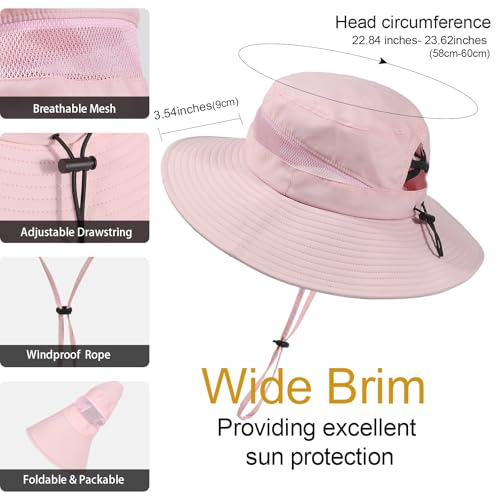 Bucket Sun Hat for Women Wide Brim Breathable Mesh UPF50+ Safari Hat Criss Cross Ponytail Hole Outdoor Rain Hat - color: Pink