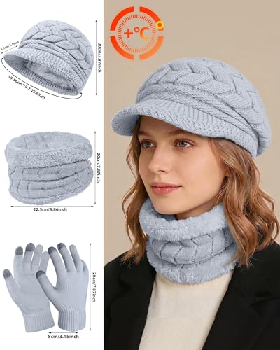 Loritta 3 in 1 Womens Winter Hat Gloves Scarf Set, Warm Hat Mittens - color: Grey