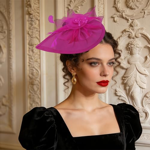 Women Vintage Fascinator Hat Flower Feather Mesh Headband Clip Pillbox Headwear for Wedding Tea Party - color: 02 Rose Red