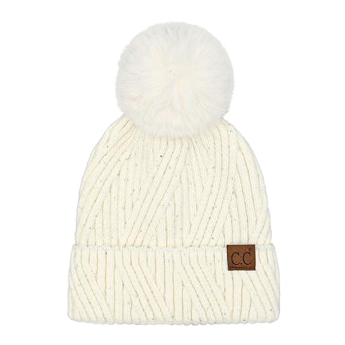 C.C Sequin Pom Beanie for Women - Acrylic Stretchable Soft Warm Knit Winter Skully Hat with Yarn Pom - color: Angora-ivory