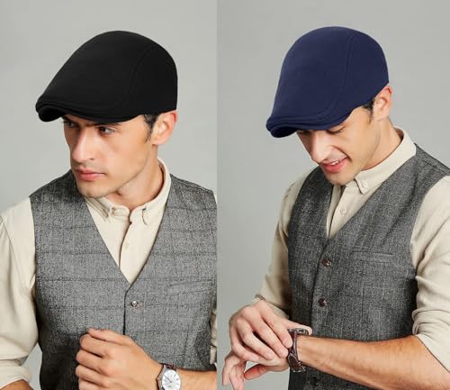 2 Pack Newsboy Cap for Men Women Flat Cap Beret Ivy Cabbie Hat - color: Black + Navy Blue
