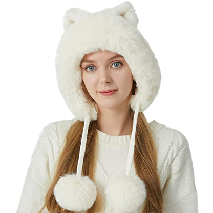 HUAMULAN Women Winter Sherpa Knit Beanie Hat Fleece Lined Ear Flaps - color: Cream White