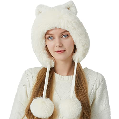 HUAMULAN Women Winter Sherpa Knit Beanie Hat Fleece Lined Ear Flaps - color: Cream White