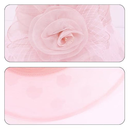 Haoohu Women's Church Derby Hat Wide Brim Bow Bucket Hat Wedding Dress Hat Fascinator Bridal Tea Party Hat - color: Tm Light Pink