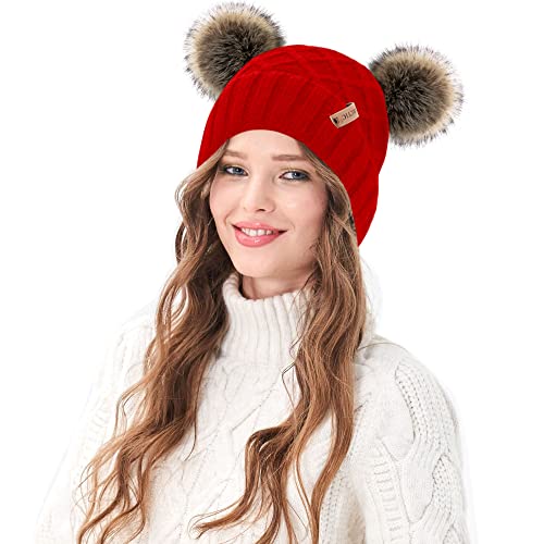 Arctic Paw Womens Winter Hat Cable Knit Beanie for Women Faux Fur Pompom Ears - color: Red_grid