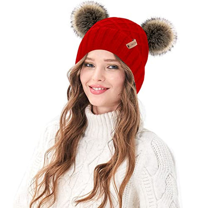 Arctic Paw Womens Winter Hat Cable Knit Beanie for Women Faux Fur Pompom Ears - color: Red_grid