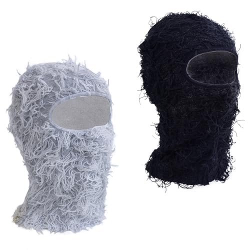 TFTSR 2 Pack Distressed Balaclava Ski Masks for Men,Shiesty Sheisty Masks for Cold Weather,Women Winter Knitted Full Covering - color: Black，grey Mixed Grey White
