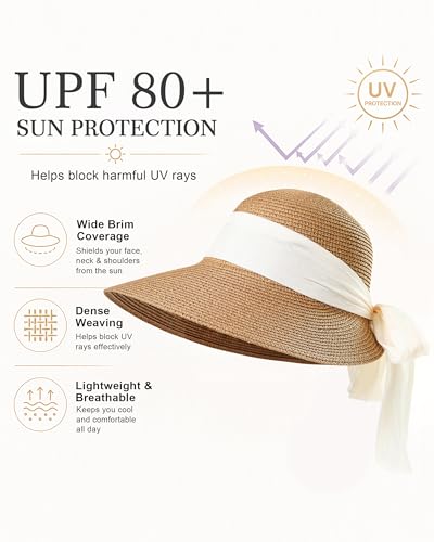 Summer Beach Hat for Women Straw Hats for Women Foldable Womens Sun Hats Outdoor Visor - color: Khaki With Beige Ribbon