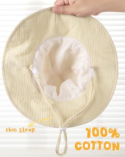 HONGTEYA Baby Sun Hat Muslin Wide Brim Toddler Girl Beach Bucket Hat - color: White/Beige, size: 2-5T