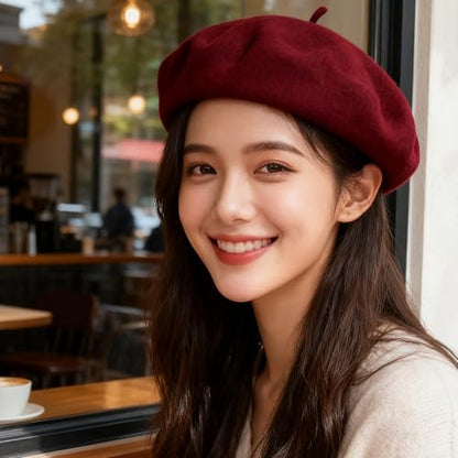 Women French Beret Hat Solid Artist Hat Wool Beret Winter Warm Beanie Cap - color: Dark Red