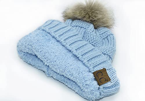 C.C Knit Beanie Hat – Fuzzy Fleece Lined Warm Winter Hat, Faux Fur Pom Soft Stretchy Slouchy Knit Cap, Cold Weather Beanie - color: Sky Blue