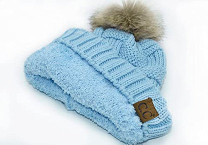 C.C Knit Beanie Hat – Fuzzy Fleece Lined Warm Winter Hat, Faux Fur Pom Soft Stretchy Slouchy Knit Cap, Cold Weather Beanie - color: Sky Blue