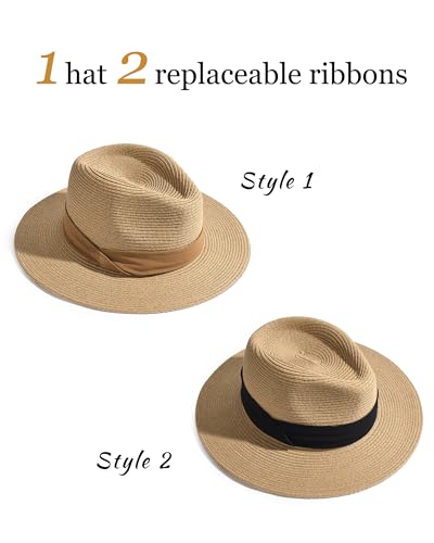 FURTALK Sun Hat Wide Brim Straw Fedora Panama Beach for Men Women - color: Black+brown Ribbon, size: Medium-Large