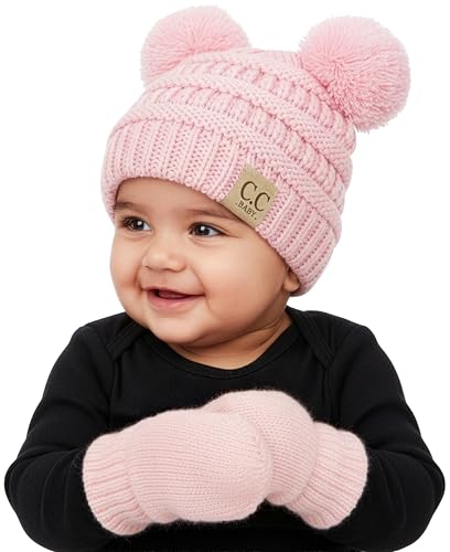 Funky Junque Baby Double Faux Fur Pom Pom Beanie & Mittens Set – Newborn Infant 0–9 Months Winter Hat with Soft Lined Mittens - color: Pale Pink (0-9 Months)
