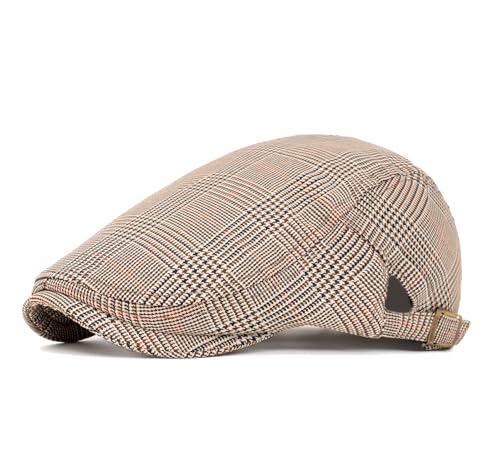 Cotton Newsboy Cap,Breathable Ivy Gatsby Cabbie Beret Hat for Men's Women Driving Hunting Golf - color: Checkered Khaki