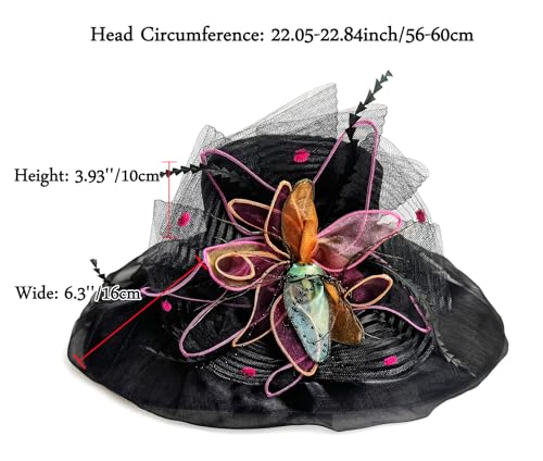Women Derby Fascinator Hat Organza Church Wedding Hats Wide Brim Cocktail Tea Party Hat - color: 37black