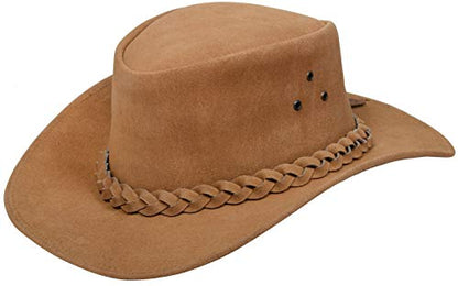 Australian Unisex Western Style Cowboy Outback Real Suede Leather Aussie Bush Hat - color: Tan, size: X-Large