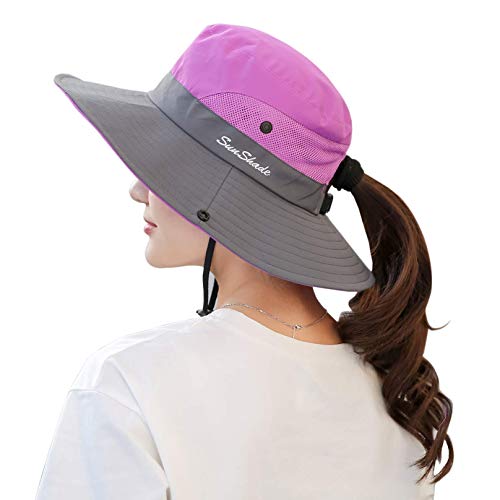 Muryobao Women's Ponytail Sun Hat UV Protection Foldable Mesh Wide Brim Beach Fishing Hat - color: Purple