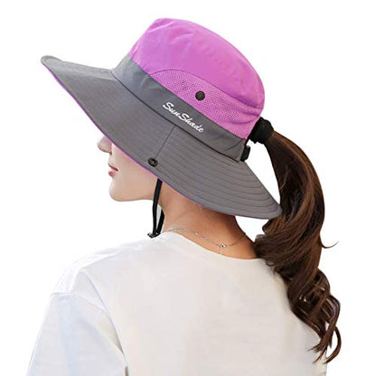 Muryobao Women's Ponytail Sun Hat UV Protection Foldable Mesh Wide Brim Beach Fishing Hat - color: Purple