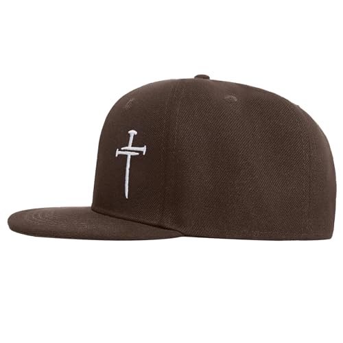 Christian Hats for Men Women - Cross Faith Flat Snapcback Hats - Religious Gifts for Thanksgiving Christmas - color: Brown/Cross White