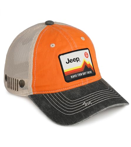 Jeep Have Fun Out There Patch Garment Washed Trucker Hat Unstructured for Men & Women - Adjustable Snapback Baseball Cap - color: Orange
