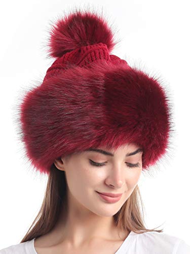 Soul Young Women's Faux Fur Hat Russian Cossack Knit Pompom Hat Ski Snow Cap for Winter Outdoor - color: Burgendy