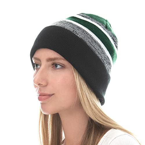 Winter Knit Beanie Hat with Pom Pom – Warm Cuffed Slouch Ski Cap for Men & Women - color: 2.black and D.green