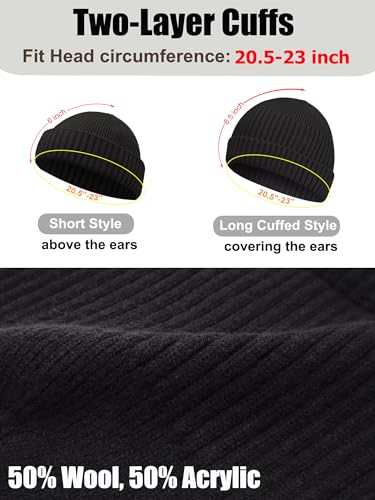 Wool Short Fisherman Beanie for Men Women Double Cuffed Skull Caps - color: 1pcs-black