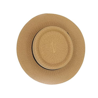 Straw Sun Hat Wide Brim Panama Boater Hat for Women & Men - Lightweight Foldable Summer Beach Hat for Vacation - color: Black