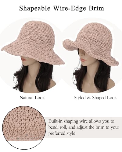 Womens Crochet Straw Sun Hat Foldable Floppy Wide Brim Beach Hat for Summer - color: Pink
