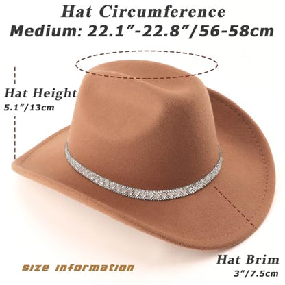 DRESHOW Western Cowboy Hat for Women and Men Wide Brim Glitter Cowboy Cowgirl Hat with Rhinestone Felt Fedora Hats - color: 1 Pack Style 10: Khaki