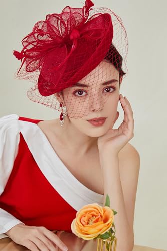 BABEYOND Fascinators Hats for Women Pillbox Kentucky Hat with Feather Veil - color: Red