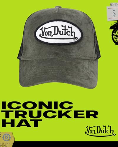 Von Dutch Unisex Velvet Trucker Hat, Curved Bill, Mesh Back, Snapback - color: Olive