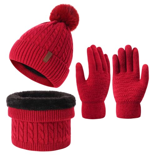 3Pcs Winter Women Beanie Hat Scarf and Touch Screen Gloves Sets Girls Classic Knit Warm Chunky Fleece Lined Cable Cap - color: Purplish Red