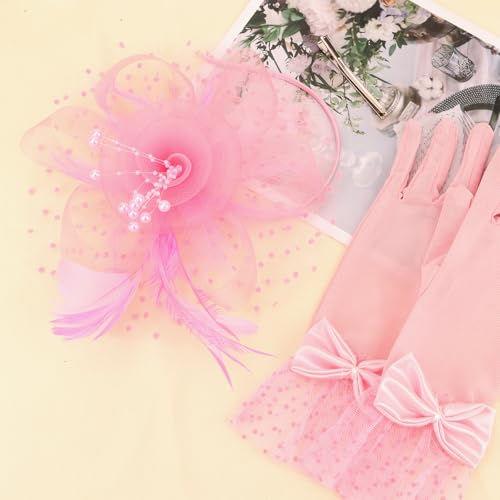Womens Fascinators Hats and Gloves Set Short Lace Gloves Tea Party Flower Mesh Hair Clips - color: Pink