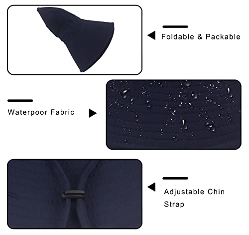 Muryobao Women Ponytail Sun Hat Summer UV Protection Cap Outdoor Foldable Mesh Wide Brim Bucket Hats for Beach Fishing Garden - color: Navy Blue