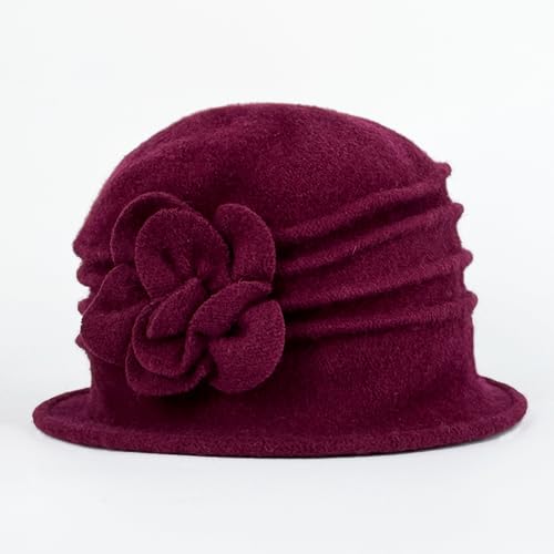 YING LAN Women Beret Hat Cloche Bucket Hat Vintage Floral Wool Classic Winter Hat 1920s - color: B-wine Red