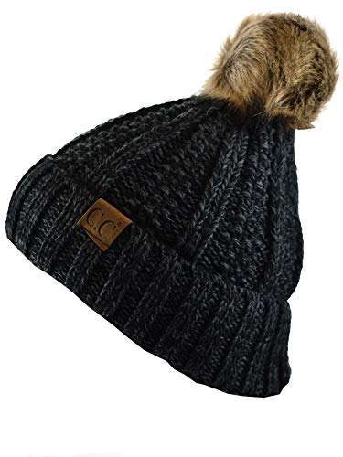 C.C Thick Cable Knit Faux Fuzzy Fur Pom Fleece Lined Skull Cap Cuff Beanie - color: Black/Gray