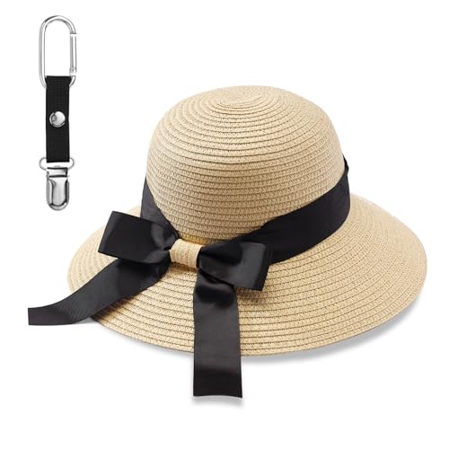 MILAKOO Straw Mesh Buckle Hat Ribbon Bow Cap Strap Foldable Roll Up Cap Sun Protection Hat for Travel - color: 01 Beige