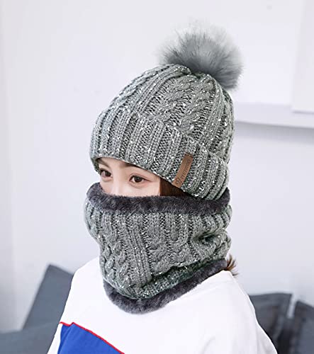 IYEBRAO Womens Winter Knit Beanie Hat and Scarf Set Girls Cute Slouchy Thick Fleece Lined Ski Hat Warm Skull Cap with Pom - color: Light Grey
