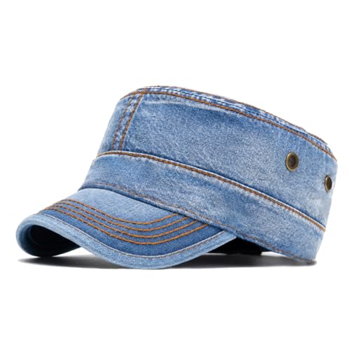 Military Cadet Army Cap for Men Women-Washed Cotton Vintage Adjustable Flat Top Baseball Hat - color: Denim Blue