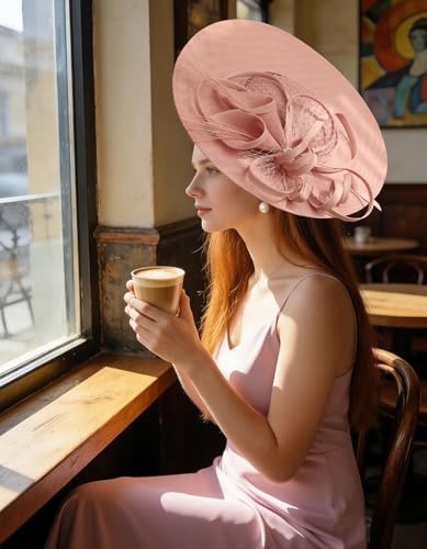 Unpifolov Fascinators Hats Elegant Women Flower Mesh Feathers Wedding Cocktail Bride Headband for Derby Hat Tea Party - color: Pink